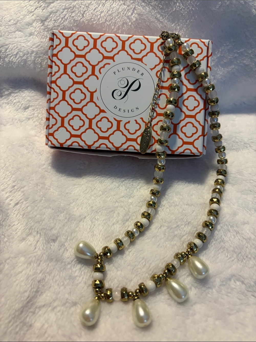 Plunder Gold and Cream Teardrop Pearl Charm Necklace